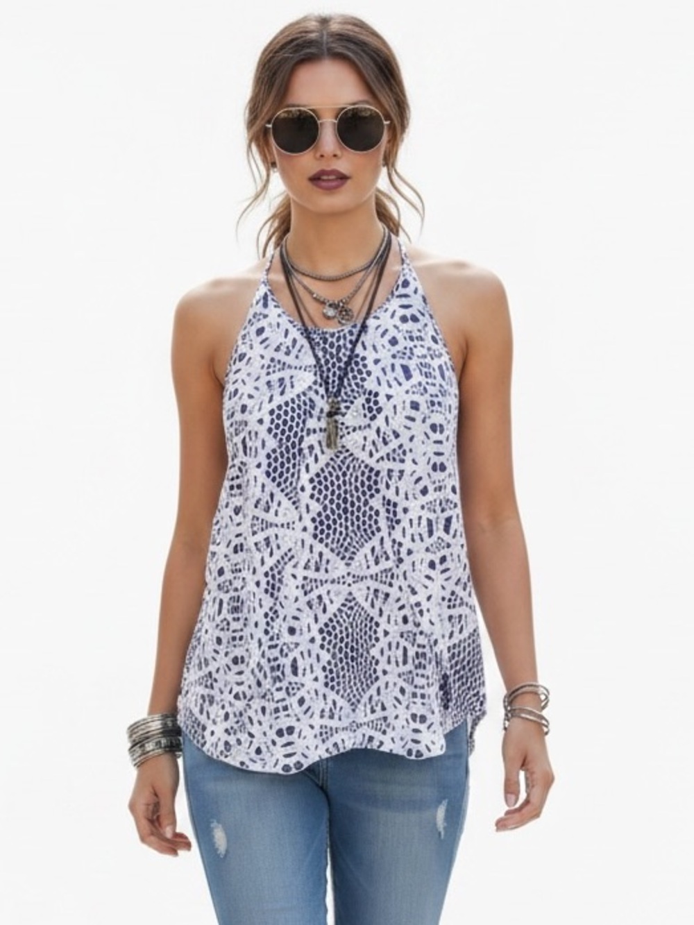 Parker Cobalt Blue & White Tile Print Luxury Silk Sleeveless Cami Tank Blouse S